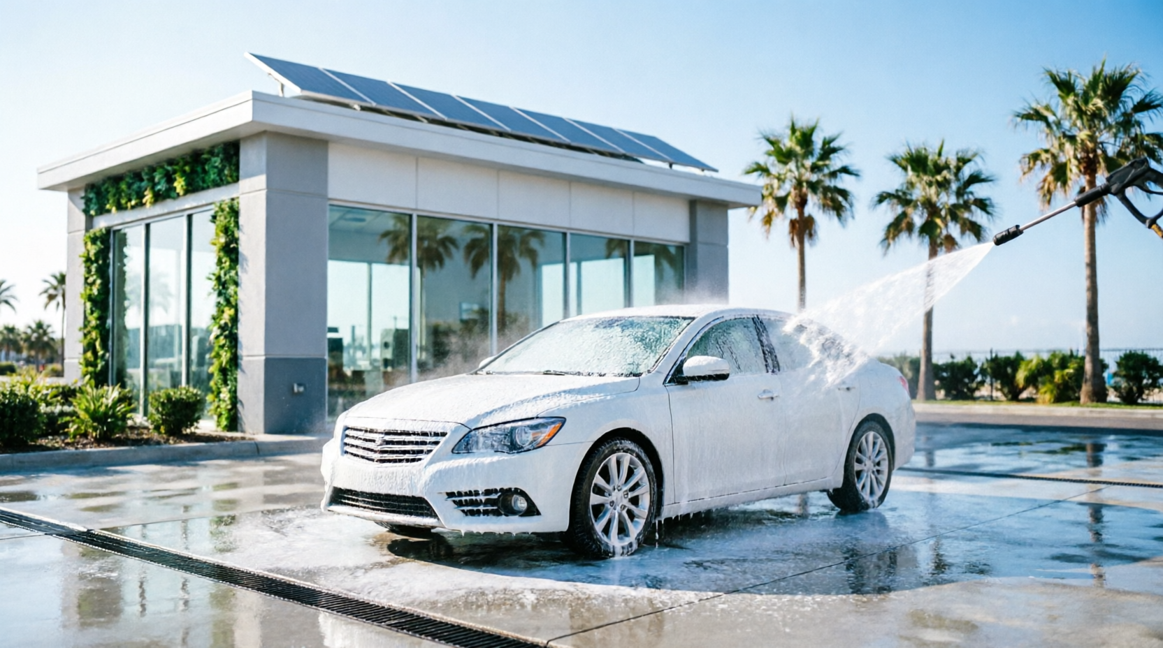 Professional car wash bay under sunny Panama City Beach sky